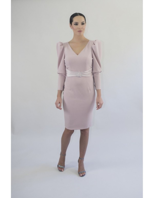 Cocktail dress with puffed sleeves and belt detail