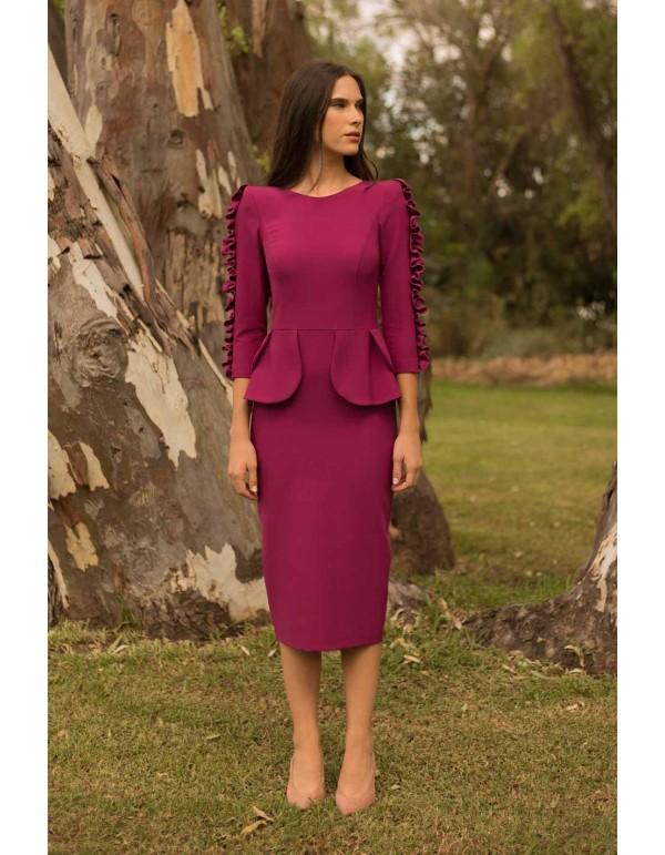 Midi dress with French sleeves with ruffles and peplum