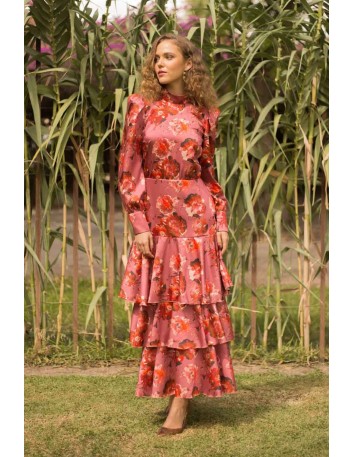 Long dress with puffed sleeves and ruffled skirt