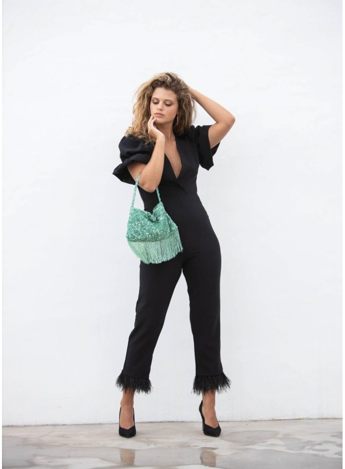 Short sleeve party jumpsuit with short puffed sleeves and feather details