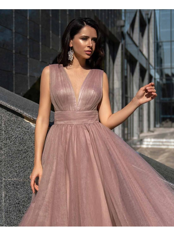 Greek style party dress with tulle and opening in the skirt pink