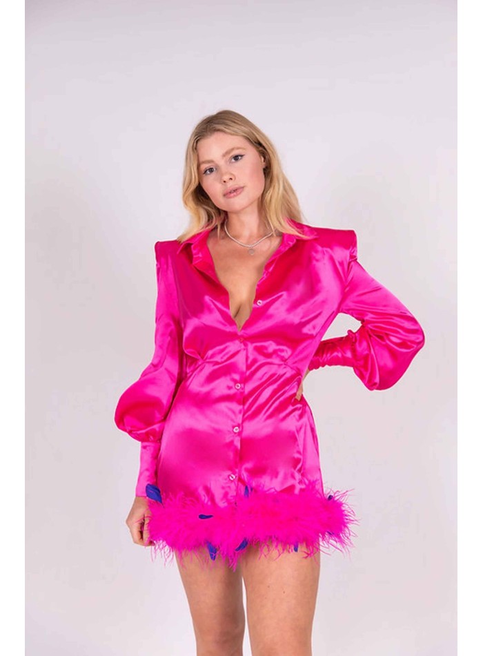 Party dress with ostrich feathers in fuchsia color| INVITADISIMA