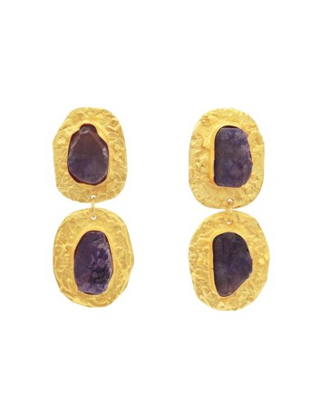 Gold plated party earrings with purple coloured stone