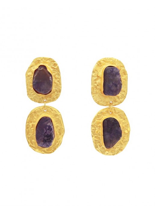 Gold plated party earrings with purple coloured stone