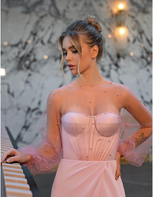 Long party dress with illusion neckline with pearls and slit in the skirt EMABRIDE - 5 2