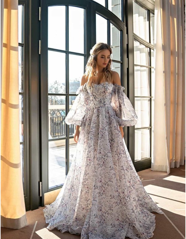 Vestido largo estampado silvestre con escote corazón y mangas abullonadas EMABRIDE - 1