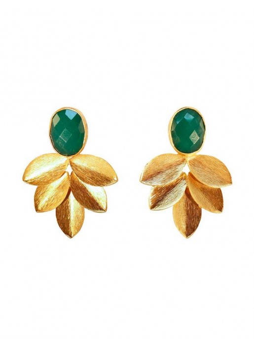 Gold leaf and natural oval stone party earrings in green colour