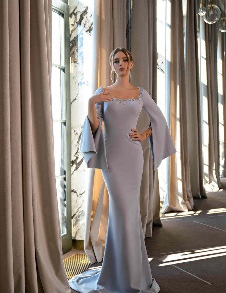 Vestido largo de fiesta malva con corte sirena y mangas capa abiertas EMABRIDE - 3 Vestido largo de fiesta malva con corte sirena y mangas capa abiertas EMABRIDE - 3