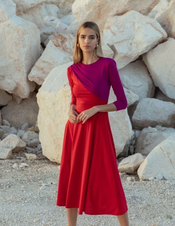 Bicolour midi dress with french sleeves and flared skirt