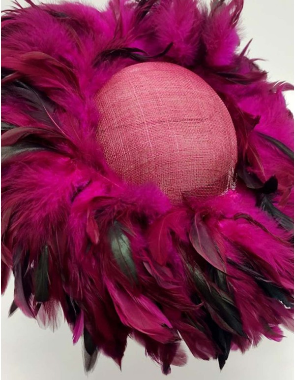 Pamela covered with pheasant feathers in bougainvillea color 2