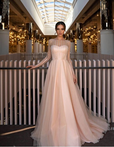 Vestido de fiesta largo con escote ilusión de pedrería EMABRIDE - 2 