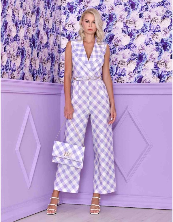 White and lilac plaid jumpsuit with belt