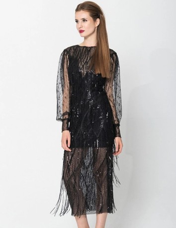Embroidered midi party dress with sequin fringing