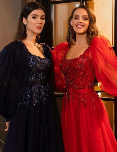 Vestido largo de fiesta con manga abullonada y cuerpo de pedrería Silviamo - 2 Vestido largo de fiesta con manga abullonada y cuerpo de pedrería Silviamo - 2