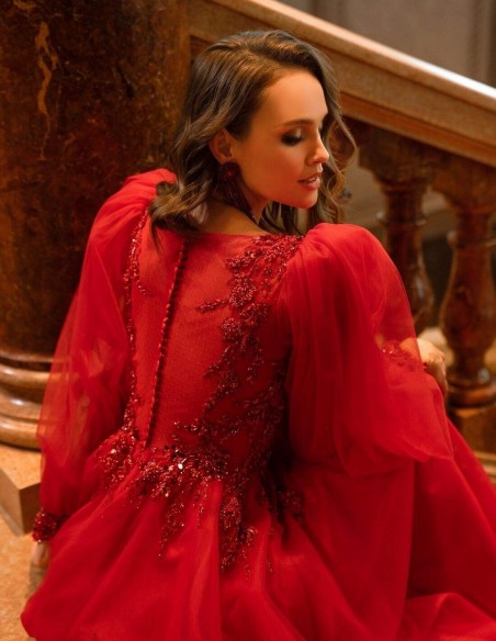 Vestido largo de fiesta con manga abullonada y cuerpo de pedrería Silviamo - 3 