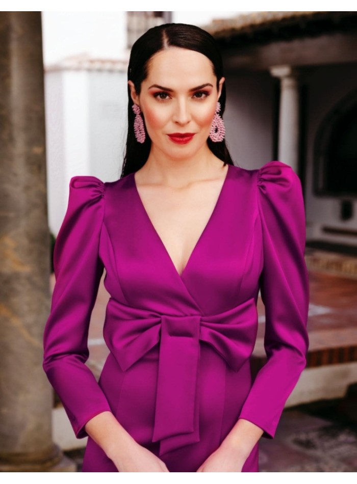 Vestido midi buganvilla satinado con manga abullonada y adorno lazada Victoria Victim - 4