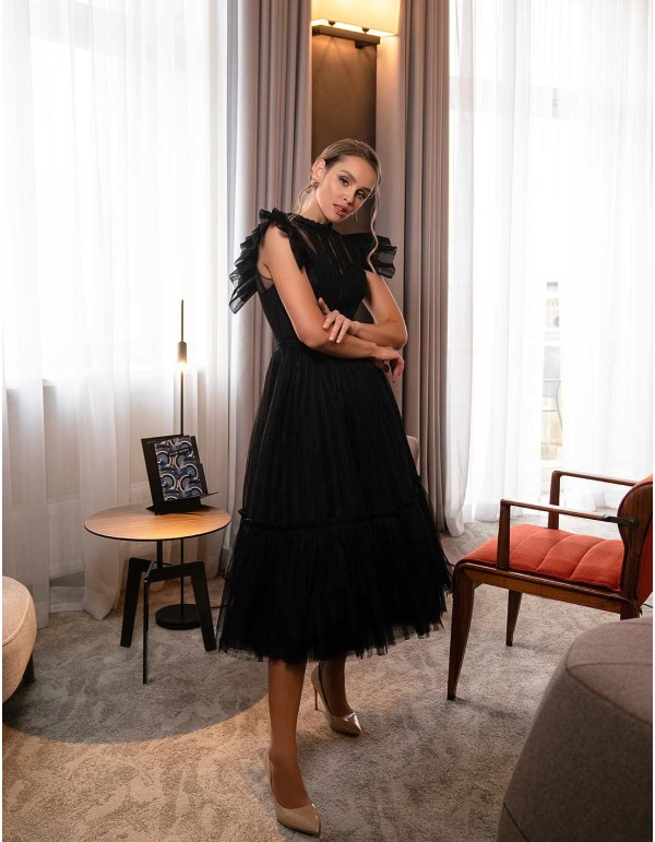 Vestido midi con falda de tul y mangas fantasía Silviamo - 4