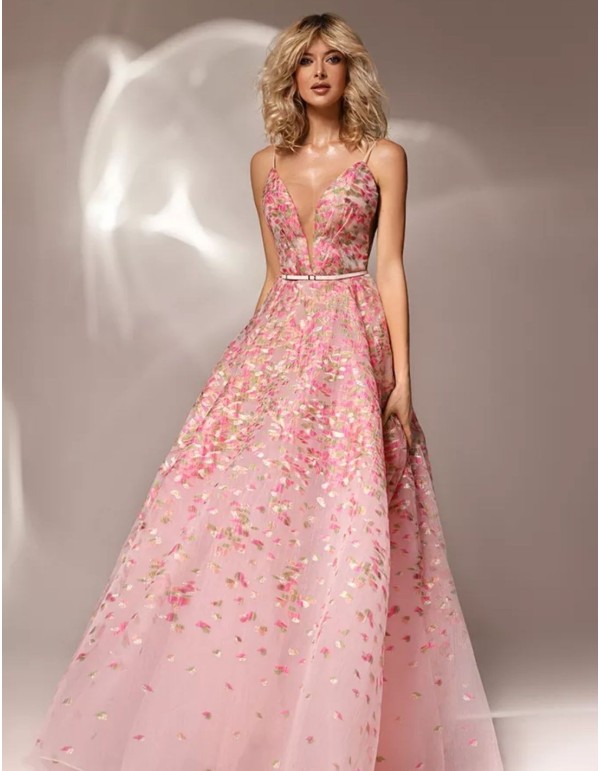 Long party dress with floral print and v-neckline