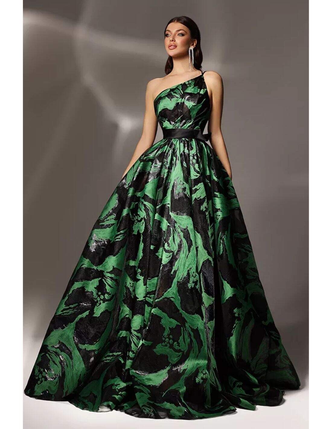 Long dress with asymmetrical bodice and jacquard silk