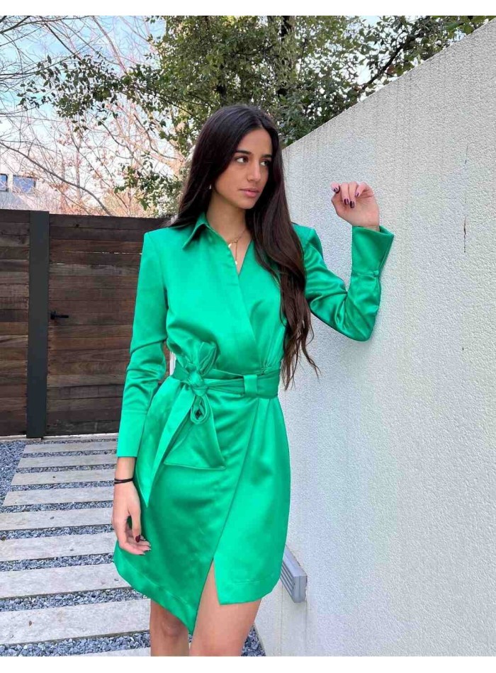 Vestido coctel cruzado verde esmeralda con lazada y cuello alto- Roxana Zurdo Elsa Barreto - 4