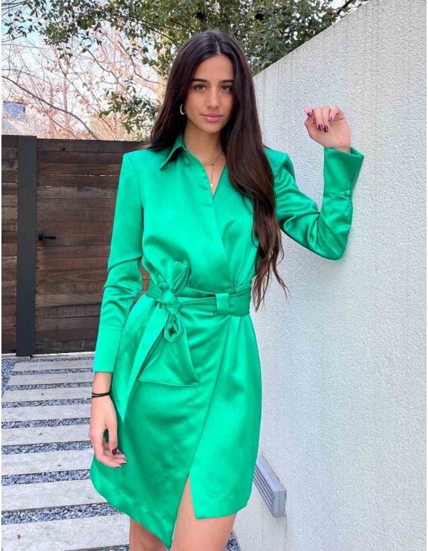 Vestido coctel cruzado verde esmeralda con lazada y cuello alto- Roxana Zurdo