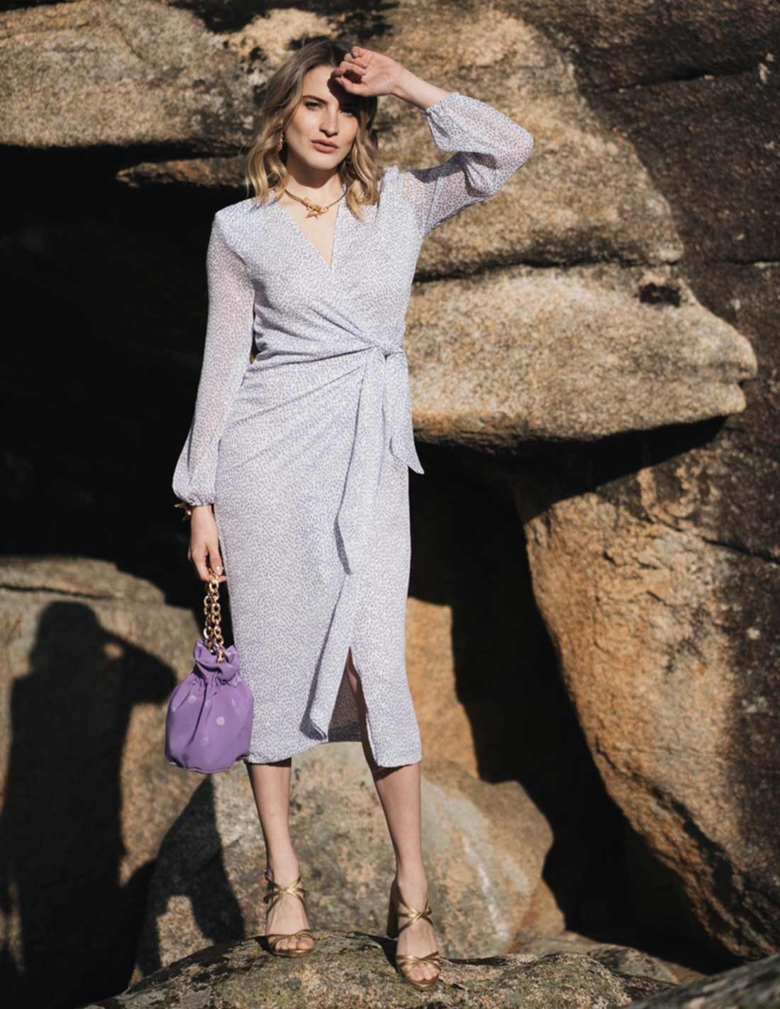 purple dress with white polka dots