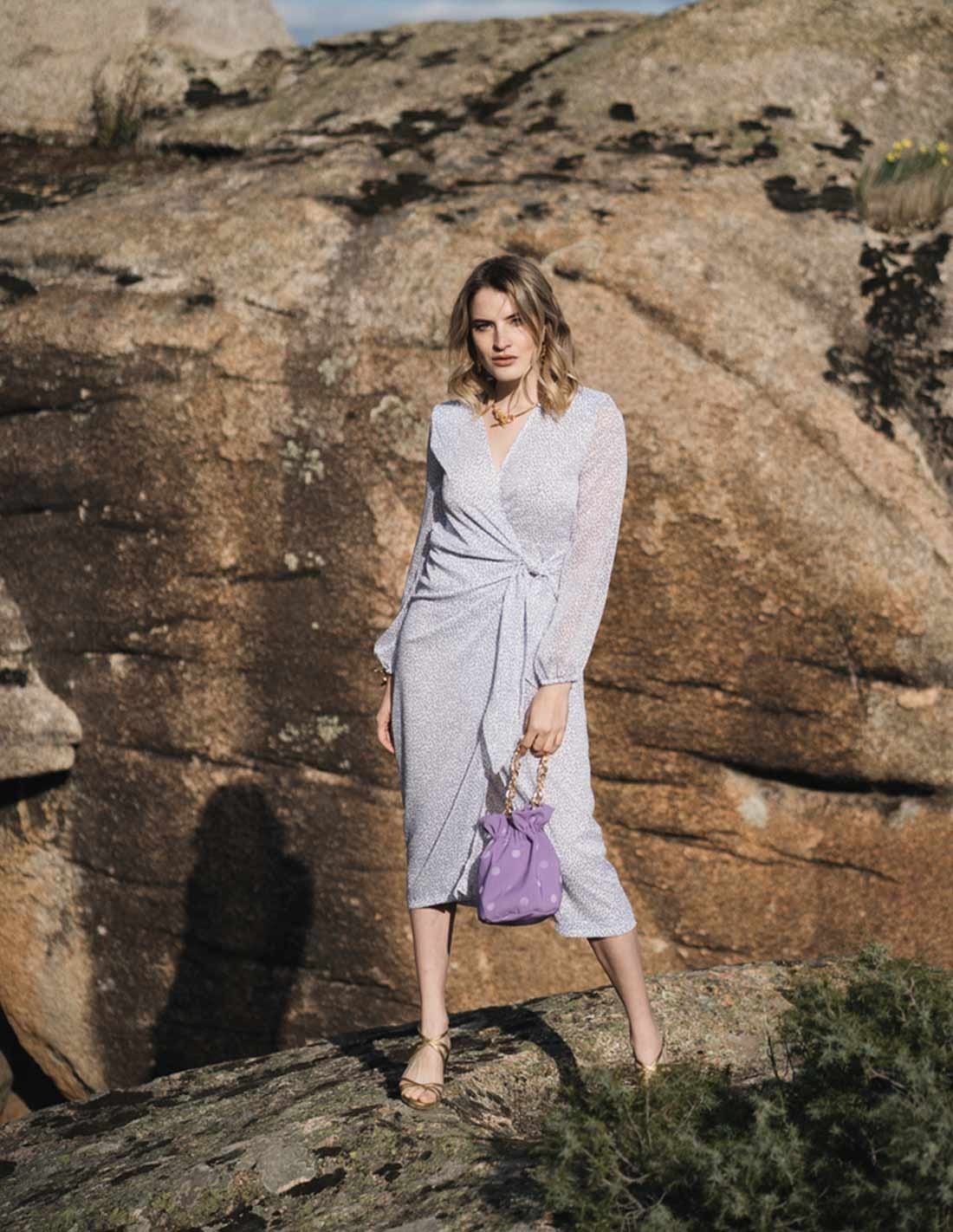 purple dress with white polka dots