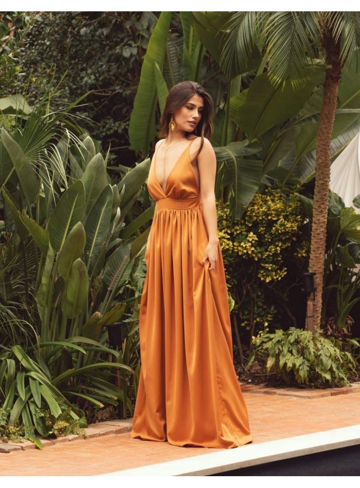Long terracotta party dress with V-neckline and thin straps