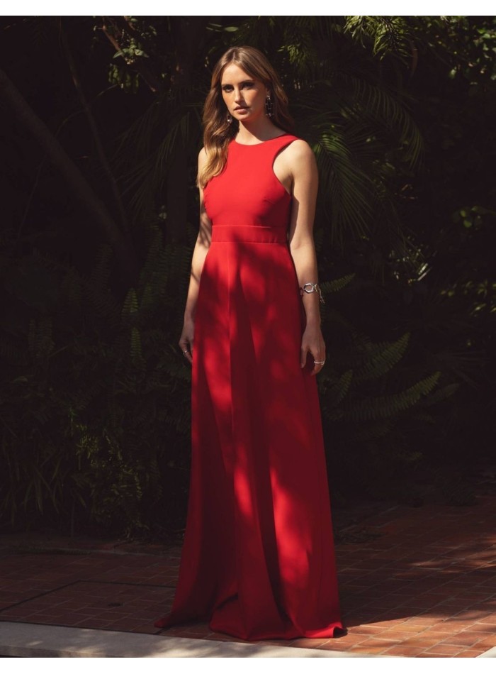 Long red party dress with open back and halter neckline