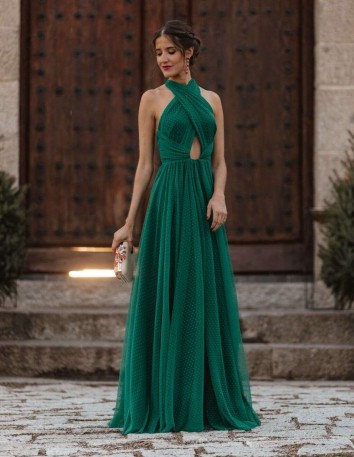 Long plumeti dress with crossover halter neckline and central slit - PERFECT GUEST