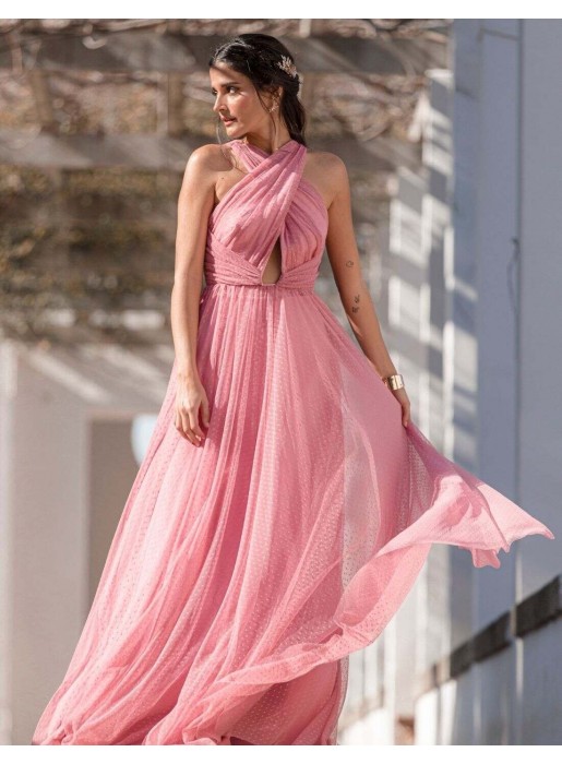 Long plumeti dress with crossover halter neckline and central slit - PERFECT GUEST