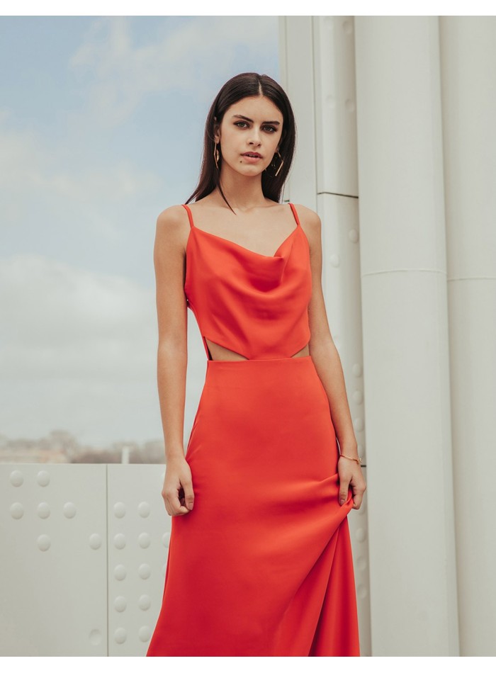 Long party dress orange cut out and draped neckline Cuskiss - 1 