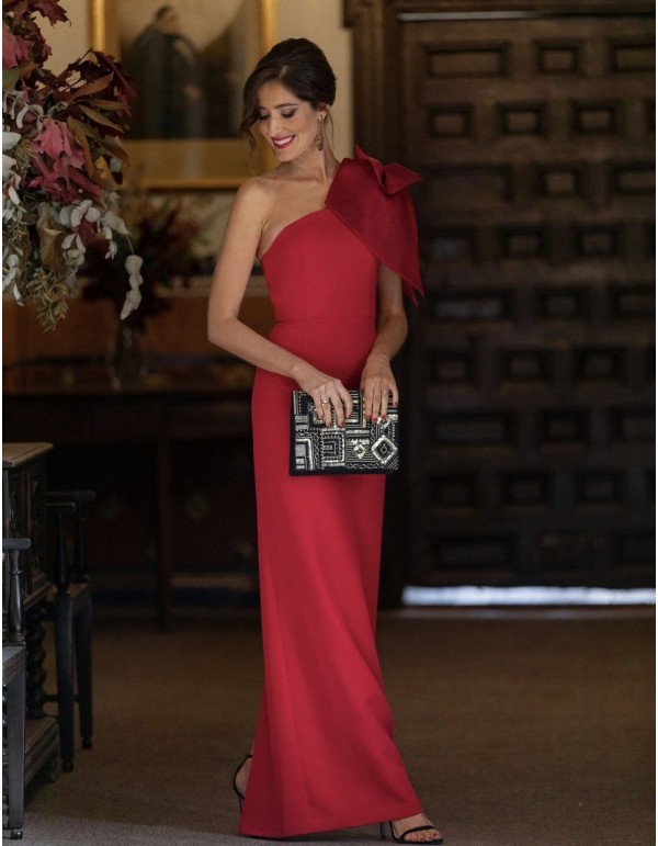 Asymmetric long red party dress with organza lacing on the shoulder- INVITADA PERFECTA MIPHAI - 5 