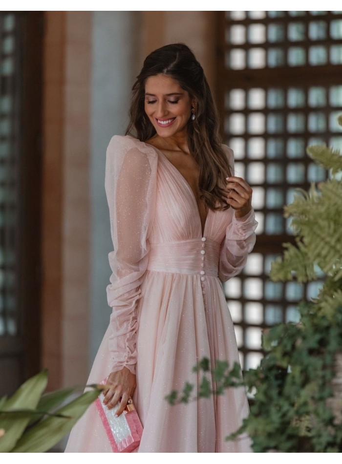 Vestido largo de fiesta con cuerpo plisado y escote en V brillante - INVITADA PERFECTA EMABRIDE - 3