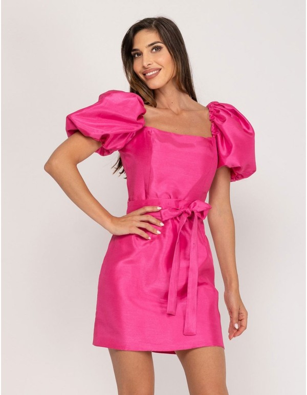 Vestido corto de fiesta con manga corta abullonada y detalle lazo para eventos 2