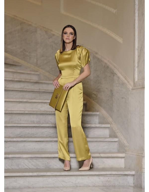 Long satin party jumpsuit with short puffed sleeves