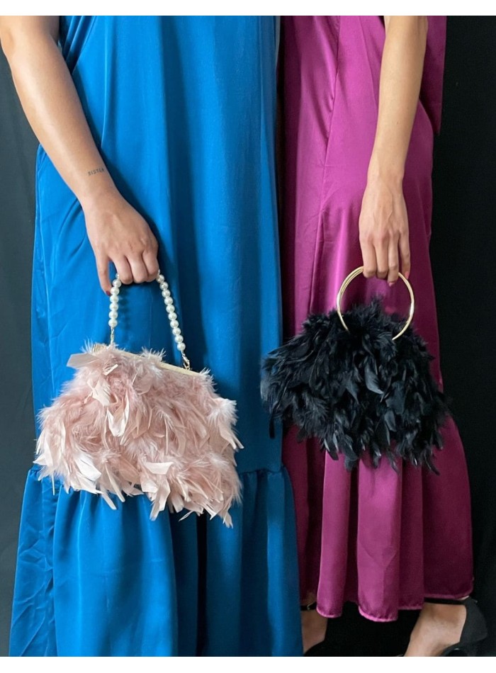 Sac de fête avec plumes et poignée en perles blanches - divers coloris