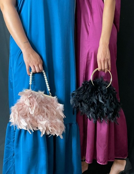 Sac de fête avec plumes et poignée en perles blanches - divers coloris