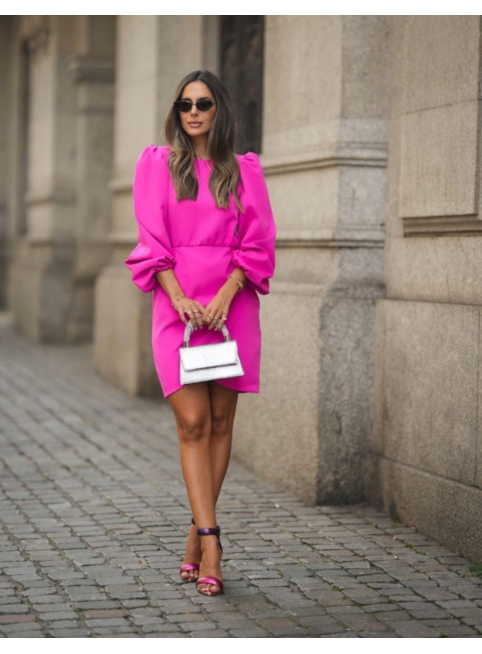 Fuchsia cocktail dress with long puffed sleeves