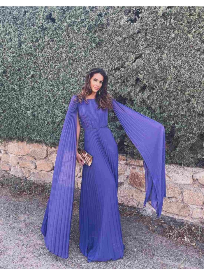 Long pleated party dress with cape sleeves