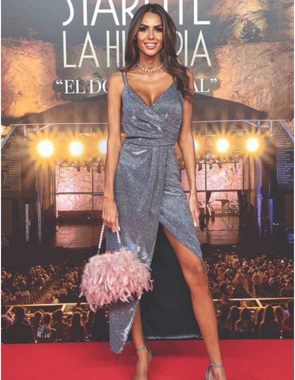 Vestido midi de fiesta con tejido brillante y abertura delantera - Noelia Bonilla