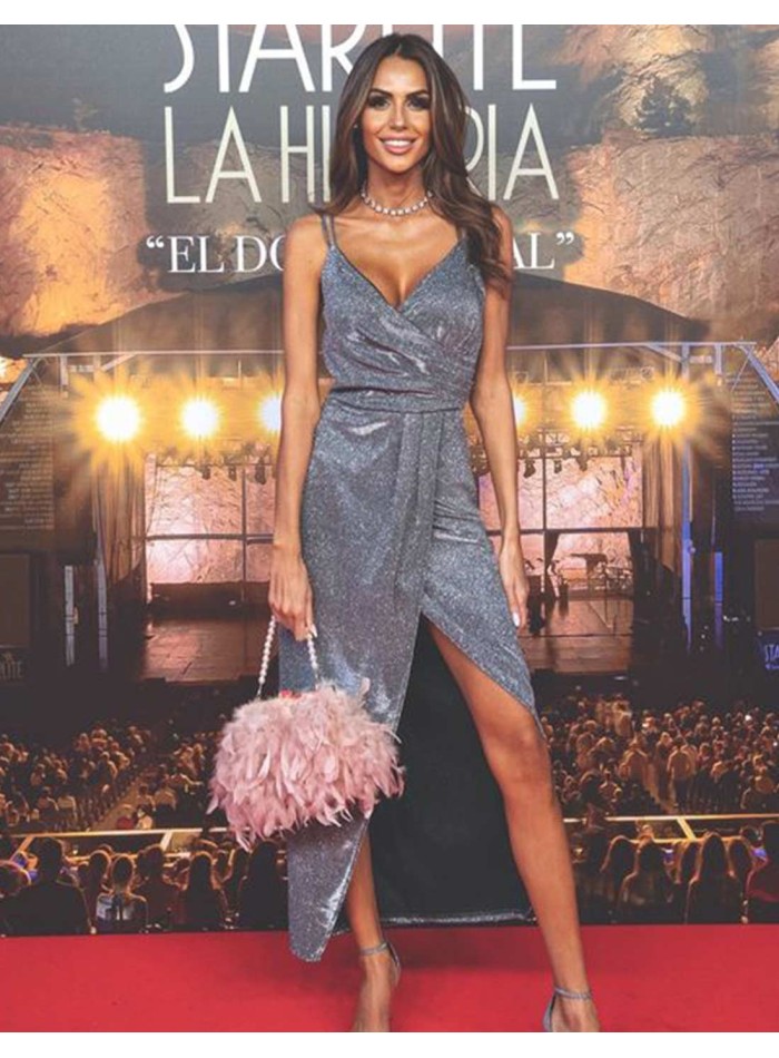 Vestido midi de fiesta con tejido brillante y abertura delantera - Noelia Bonilla