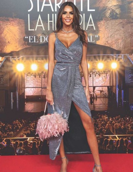 Midi party dress with shiny fabric and front slit - Noelia Bonilla Midi party dress with shiny fabric and front slit - Noelia Bonilla
