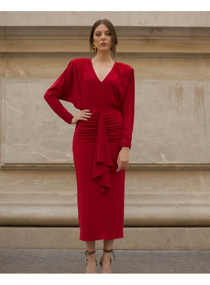 Knitted midi party dress with draping and V-neckline