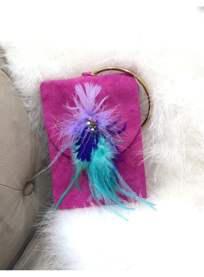 Rectangular bag with feathers and ring handle