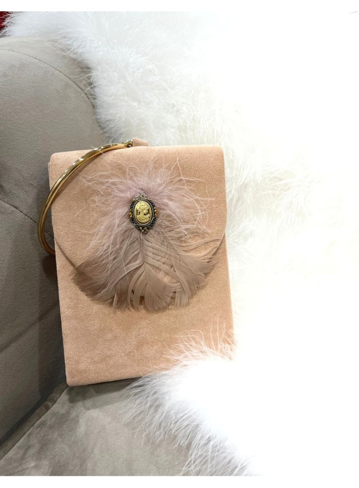 Rectangular bag with feathers and ring handle