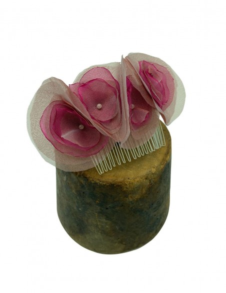 Fuchsia and nude organza comb with flowers