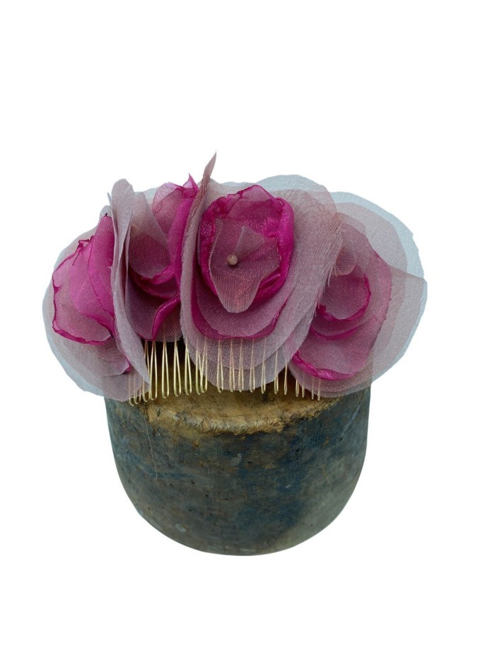 Fuchsia and nude organza comb with flowers