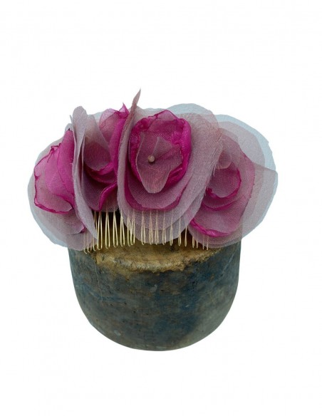 Fuchsia and nude organza comb with flowers