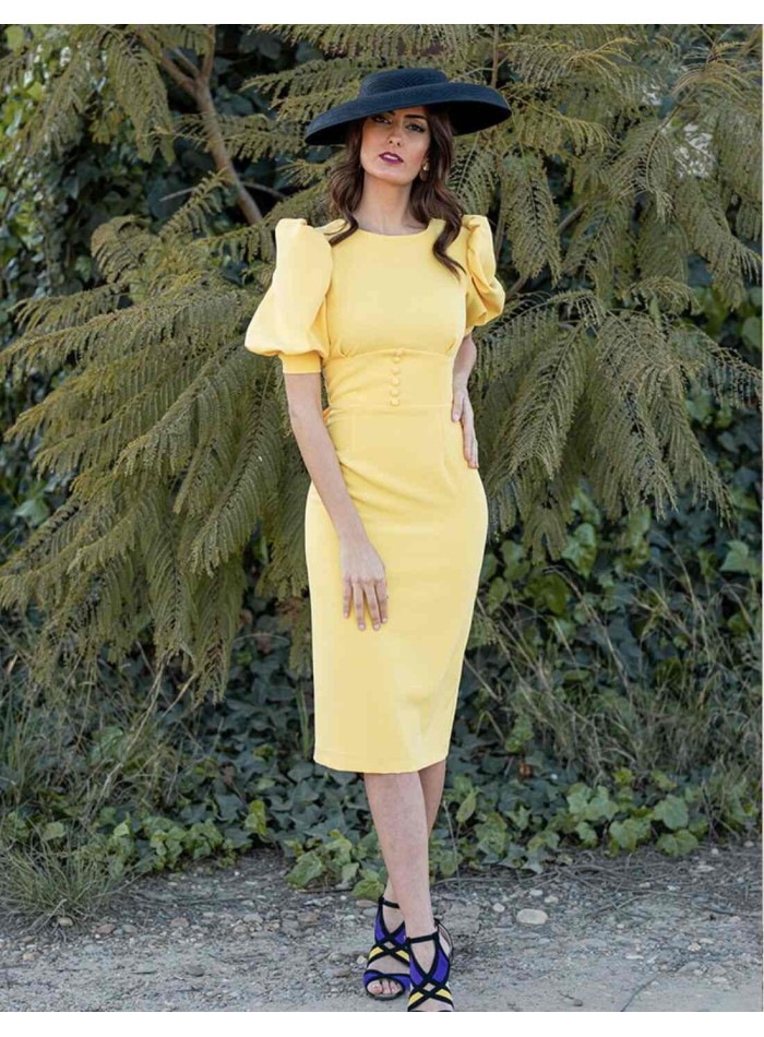 Yellow fitted cocktail dress with short puffed sleeves